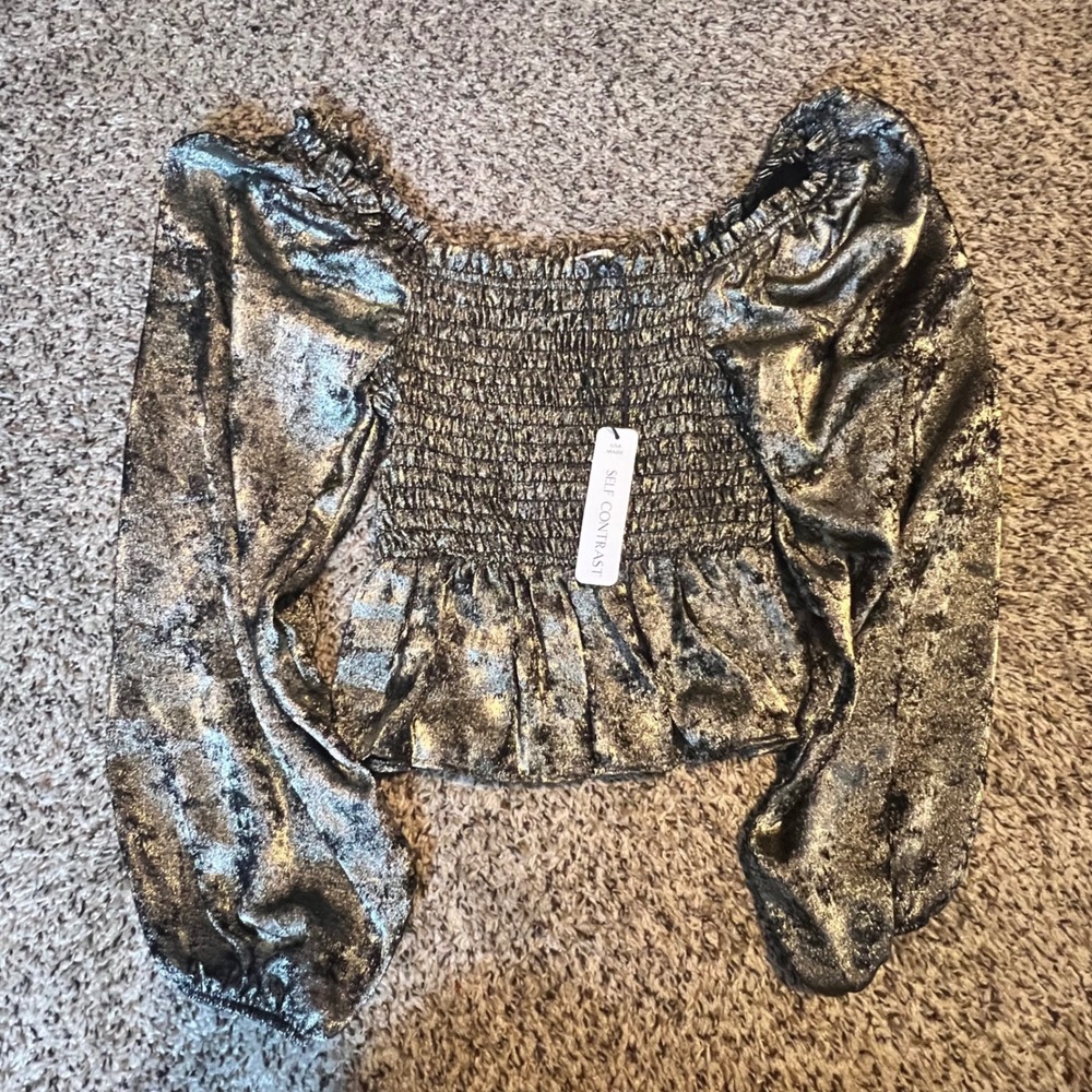 Self Contrast Silver Metallic Smocked Peplum Top Long Sleeve Blouse XS SCT-774